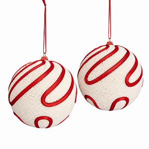 Jogo Com 2 Bolas de Natal Off White Revestidas Com Fitas Vermelhas 12cm