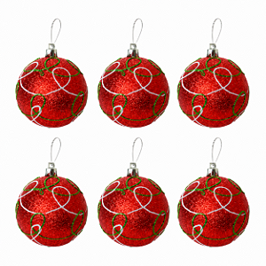 Jogo Com 6 Bolas de Natal 8cm Vermelhas com Aplicação de Glitter