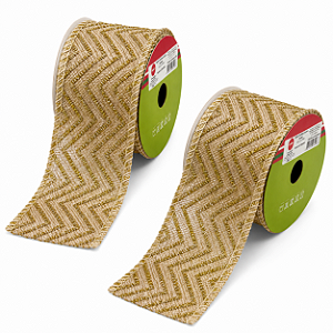 Jogo Com 2 Rolos de Fita Algodão Bege Com Zig Zag Dourado 4mx6cm