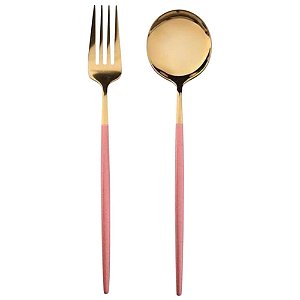 Jogo de Talheres 12 Peças Garfo/Colher de Mesa Slim Aço Inox Bicolor Rosa