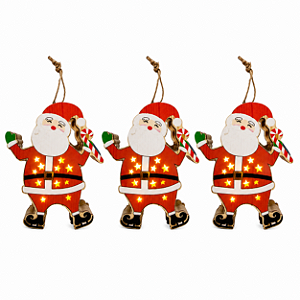 Kit Enfeite Natalino Papai Noel Com Led 3 Peças Pendurar ou Bancada