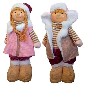 Casal Boneco Natalino em Pé Winter Com Casaco e Gorro 30x19x10cm. SALDÃO.