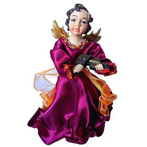 Anjo Natalino Com Instrumento Musical Resina / Seda 17cm