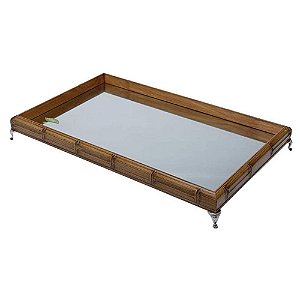 Bandeja Retangular Madeira Bambu com Pés e Fundo Espelhado 46x26x7cm