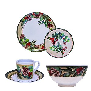 Aparelho de Jantar e Café Com 30 Peças Estampa Natalina Pinhas Berries Melamina