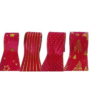Fitas Natalinas 4 Modelos Aveludados Bordas Aramadas 2,73M x 6,3CM.