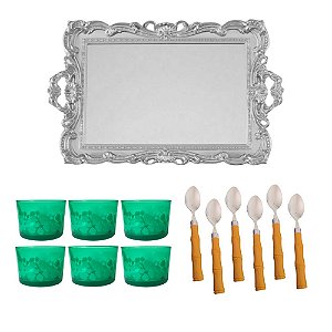Jogo Para Servir Sobremesas Potes Bandeja e Colheres Vidro Verde 13 Peças Amazônia