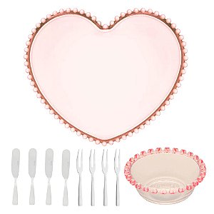 Conjunto Petisqueira 10 Peças Cristal Rosa Modelo Coração Wolff