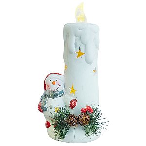 Enfeite Natalino de Cerâmica com 2 Leds Papai Noel / Boneco de Neve com Vela 9,5x9x21,5cm