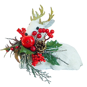 Rena Cervo Deitado com Guirlanda no Pescoço Enfeite de Natal 22cm Palha Branca