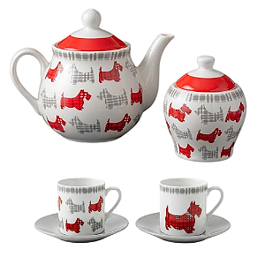 Jogo Para Café com Bule e Açucareiro 14 Peças Porcelana Estampa Dogs