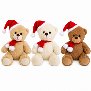Boneco Urso de Pelúcia Sentado 20cm Com Gorro e Cachecol Decoração Natalina