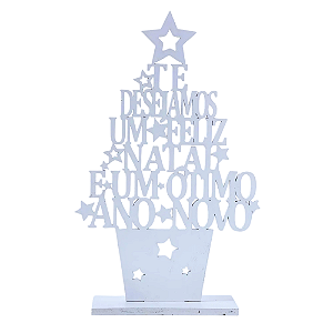 Árvore de Natal Para Mesa Com Palavras Vazadas 30x27x6,5cm Madeira Branca.