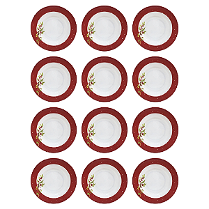 Jogo com 12 Pratos Fundos Natalinos Ramo Azevinho 22,5cm Melamina (Material Sintético)