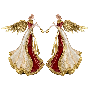 Enfeite Anjo com Corneta 47cm Decoração de Metal Resina e Madrepérola