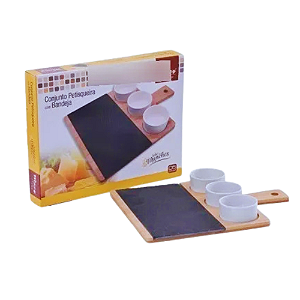 Conjunto Petisqueira com 4 Peças Bandeja Para Corte Cerâmica / Bambu.