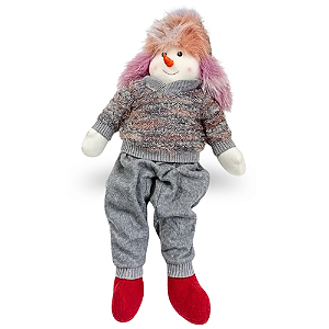 Boneco de Neve Sentado 60cm Roupa de Tricô Cinza Cabelo Colorido Enfeite Natalino