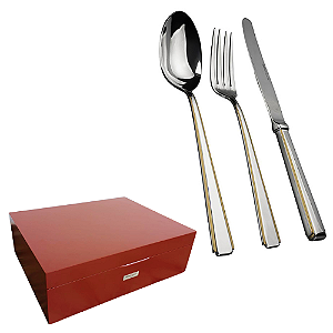 Faqueiro Clássico Moderno 101 Peças Aço Inox 18/10 3,5mm com Friso Ouro 24K Fracalanza com Estojo de Madeira
