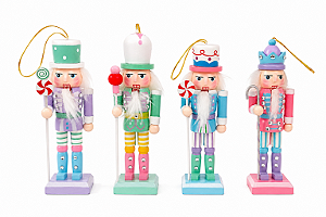 Jogo com 4 Soldados Quebra Nozes Enfeites Natalinos de Madeira 13cm Candy