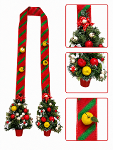Escapulário Natalino de Porta Dupla Face Árvores de Natal com Frutos e Laços 2m