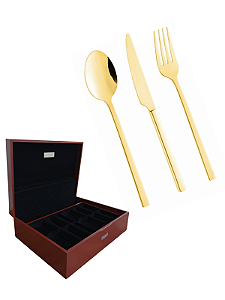 Faqueiro 101 Peças Firenze Aço Inox Dourado com Estojo de Madeira Wolff
