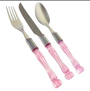 Jogo 18  Pç Aço Inox Cabo Acrílico Rosa 22cm Lyor.