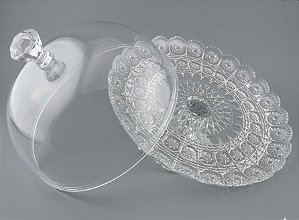 Prato para Bolo com Pé e Tampa 32cm Vidro Trabalhado