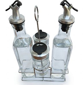 Galheteiro 5 Peças com Suporte Vidro Metal