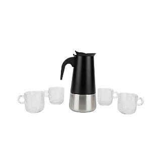 Kit 5 Pç Cafeteira Italiana Expresso 300ml Inox 4 Xícaras Vidro