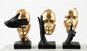 Jogo com 3 Esculturas Faces Não Vejo Não Ouço Não Falo Preto e Dourado Wolff