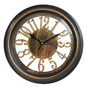 Relógio de Parede Redondo 40cm Moldura com Interior Vazado Patina Dourado e Preto