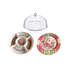 Kit Petisqueira Com 5 Divisórias e Prato de Bolo Natalino 3 Peças Melamine