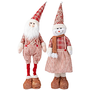 Enfeite Natalino Boneco em Pé Retrátil Xadrez Vermelho e Dourado 100cm / 70cm