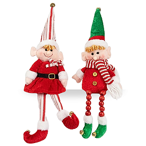 Bonecos de Natal Elfos Sentados Kit Com 2 Peças Menino e Menina Pernas Moles 35,5cm