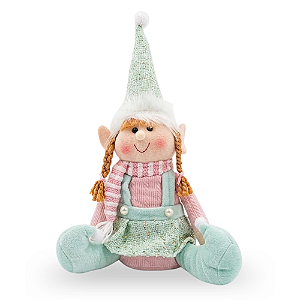 Boneco de Natal Elfo Menina Sentada Rosa e Verde 40cm