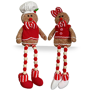 Bonecos de Natal Gingerbread Sentados Kit com 2 Peças Menino e Menina Pernas Moles 50cm
