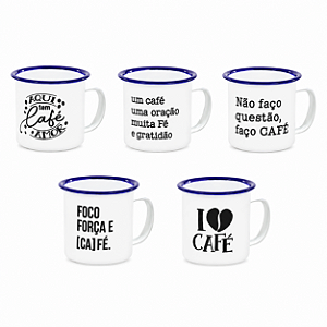 Jogo com 6 Mini Canecas para Café 90ml Retrô Dizeres Metal Esmaltado