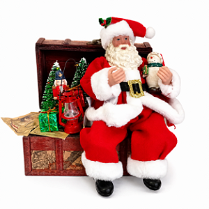 Papai Noel Sentado no Baú do Tesouro Enfeite Decorativo de Natal 23cm
