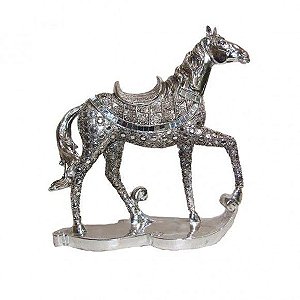 Escultura Estátua Cavalo 30x36x8,5cm Prata Envelhecida Com Vidrilhos Espelhados Resina Importada SALDÃO