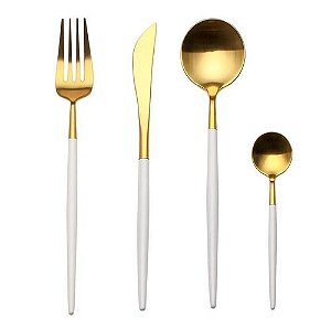 Faqueiro 24 Peças Bicolor Aço Inox Dourado Cabo Slim Branco
