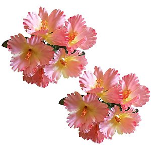 Jogo C/ 2 Buquê de Hibiscos C/ 5 Flores Rosa Mesclado C/ Amarelo 30cm