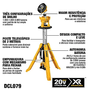 Torre de Iluminação à Bateria 20V MAX LED 1.001 a 3.000 Lúmens sem Bateria e Carregador DEWALT-DCL079B