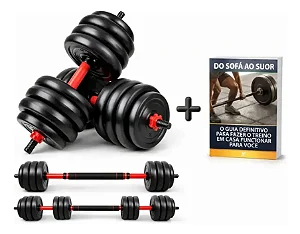 Kit Halteres 6 em 1 Ajustável Musculação até 40kg com Kettlebell – Preto e Vermelho