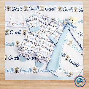 Kit Maternidade:  Manta & Macacão, Touca & luvas + Naninha personalizado