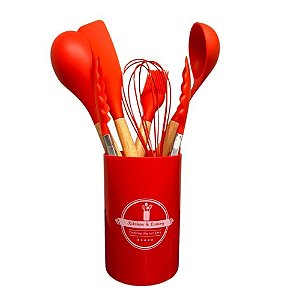 Kit Utensílios Silicone Quality House Cabo Bambu 7 Peças Vermelho