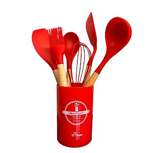 Kit Utensílios Silicone Em Casa Tem Cabo Madeira 7 Peças Vermelho