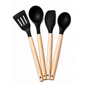 Kit Utensílios Silicone Nix House NX349 Cabo Madeira 7 Peças Preto