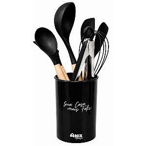 Kit Utensílios Silicone Nix House NX349 Cabo Madeira 7 Peças Preto