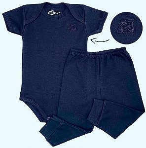 Conjunto Body Manga Curta e Calça 100% Algodão Cor Azul Marinho