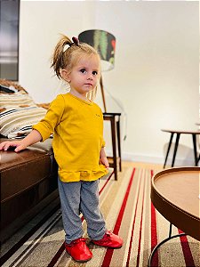 Conjunto Longo Infantil Blusa Mostarda e Calça Mescla